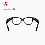 Front view of black Rokid smart glasses with silver hinges