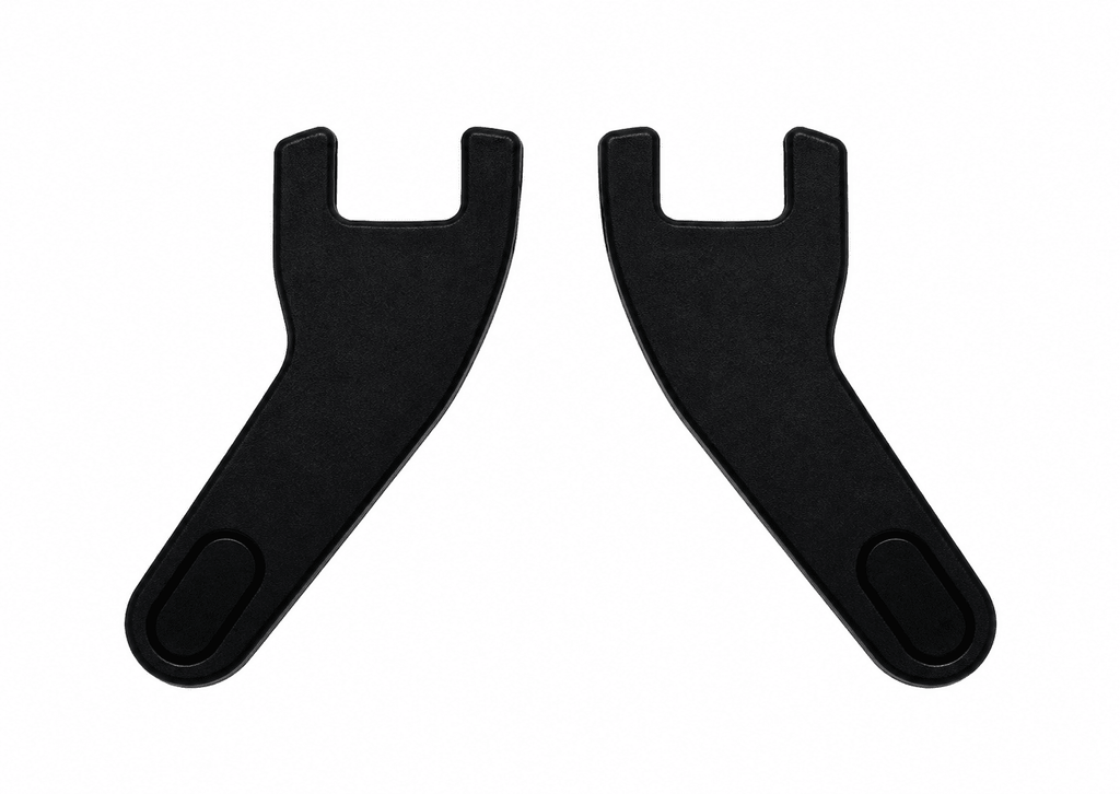 Pair of matte black plastic temple tips or ear hooks for comfortable fit on smart glasses
