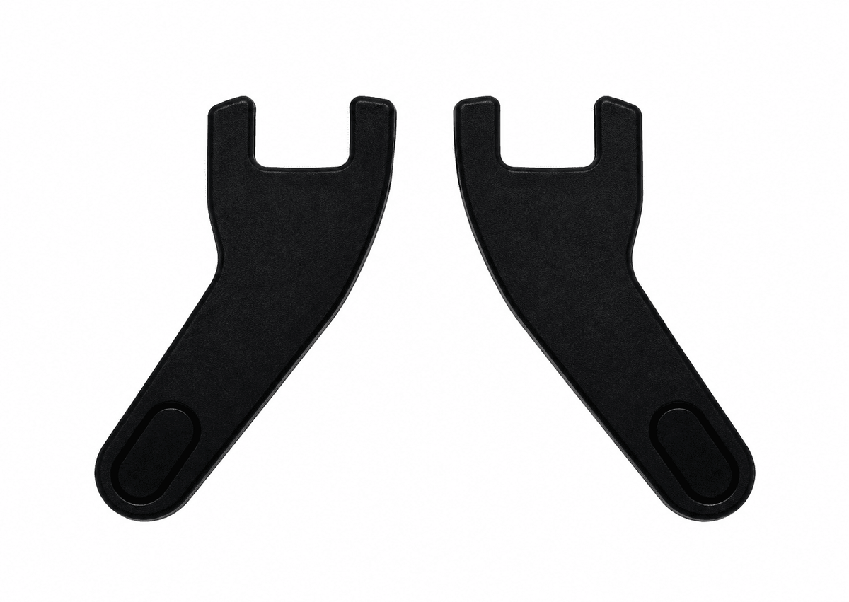 Pair of matte black plastic temple tips or ear hooks for comfortable fit on smart glasses