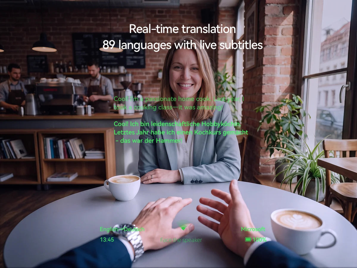 Woman using Rokid Glasses real-time translation subtitles