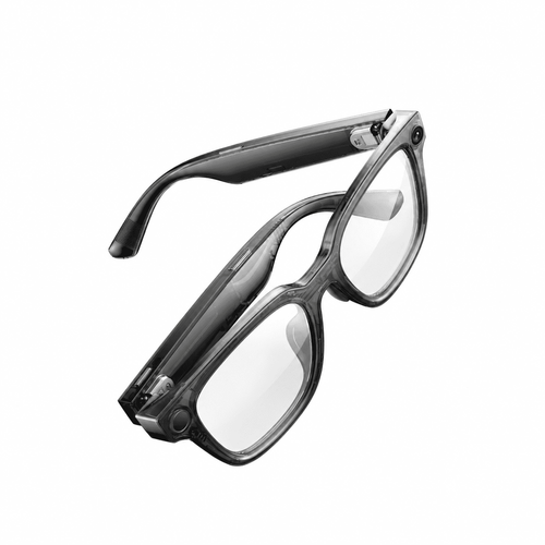 Angled shot of matte black charging case holding smart glasses attachment with green LED