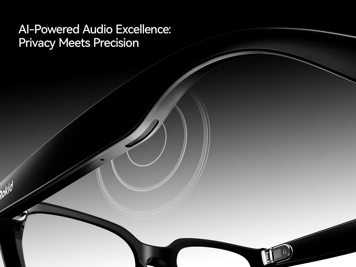 Rokid Glasses side profile showing speaker grille and audio tech